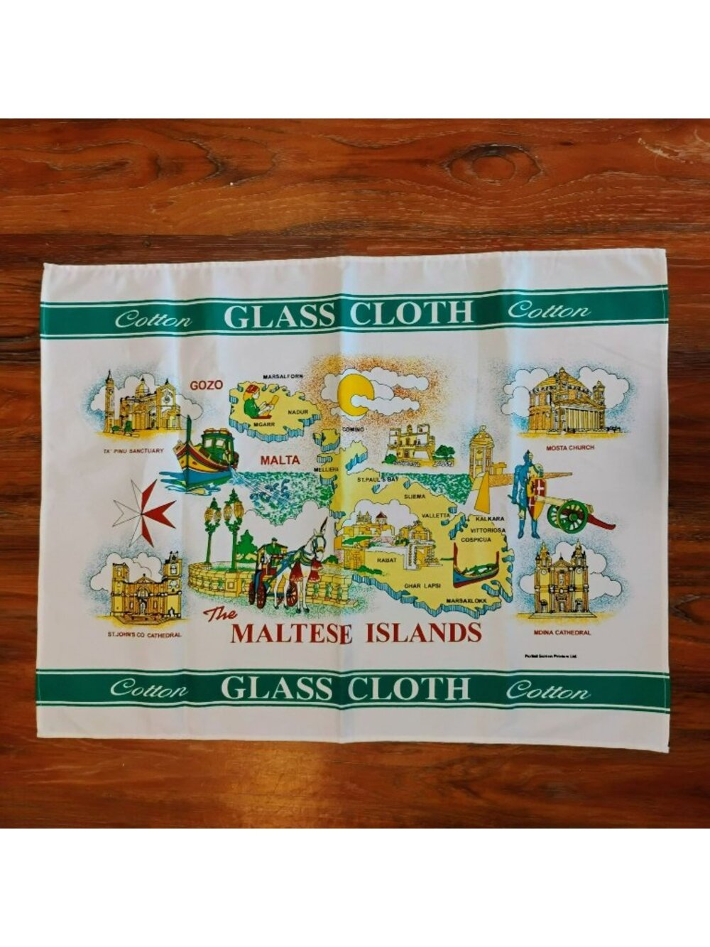 Vintage Cotton Tea Towel, The Maltese Islands, Map & Landmarks, Malta Souvenir